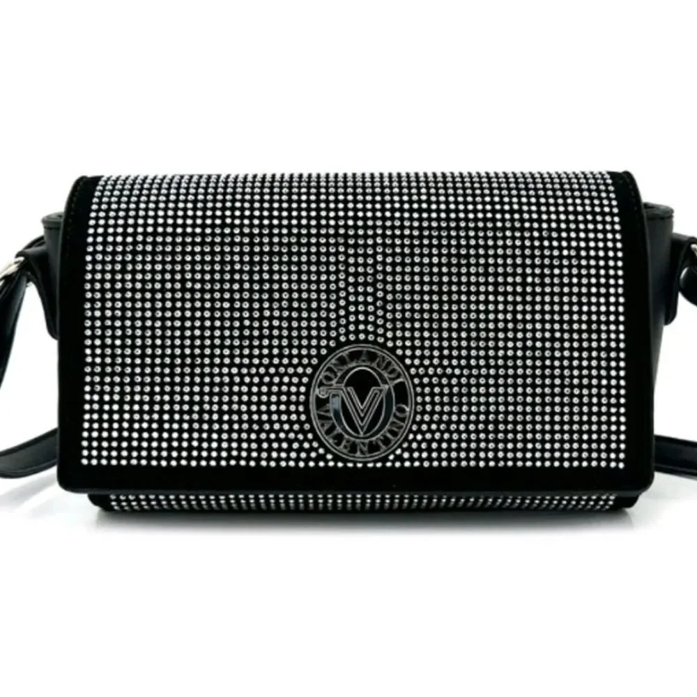 Valentino Orlandi Silver Studded Black Crossbody Bag Foldover Handbag Italy Luxe